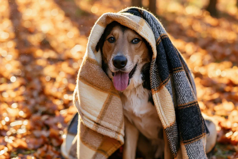 Dog wrapped in plaid blanket sitting among autumn leaves in forest