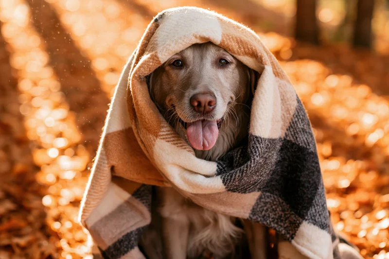 Dog wrapped in checkered blanket sitting in autumn forest with golden sunlight filtering through trees