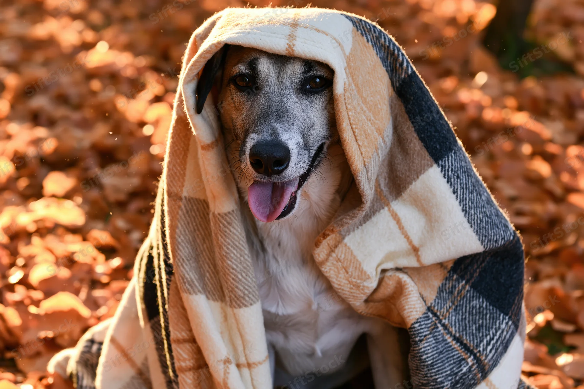 Dog wrapped in plaid blanket sitting on ground covered in autumn leaves