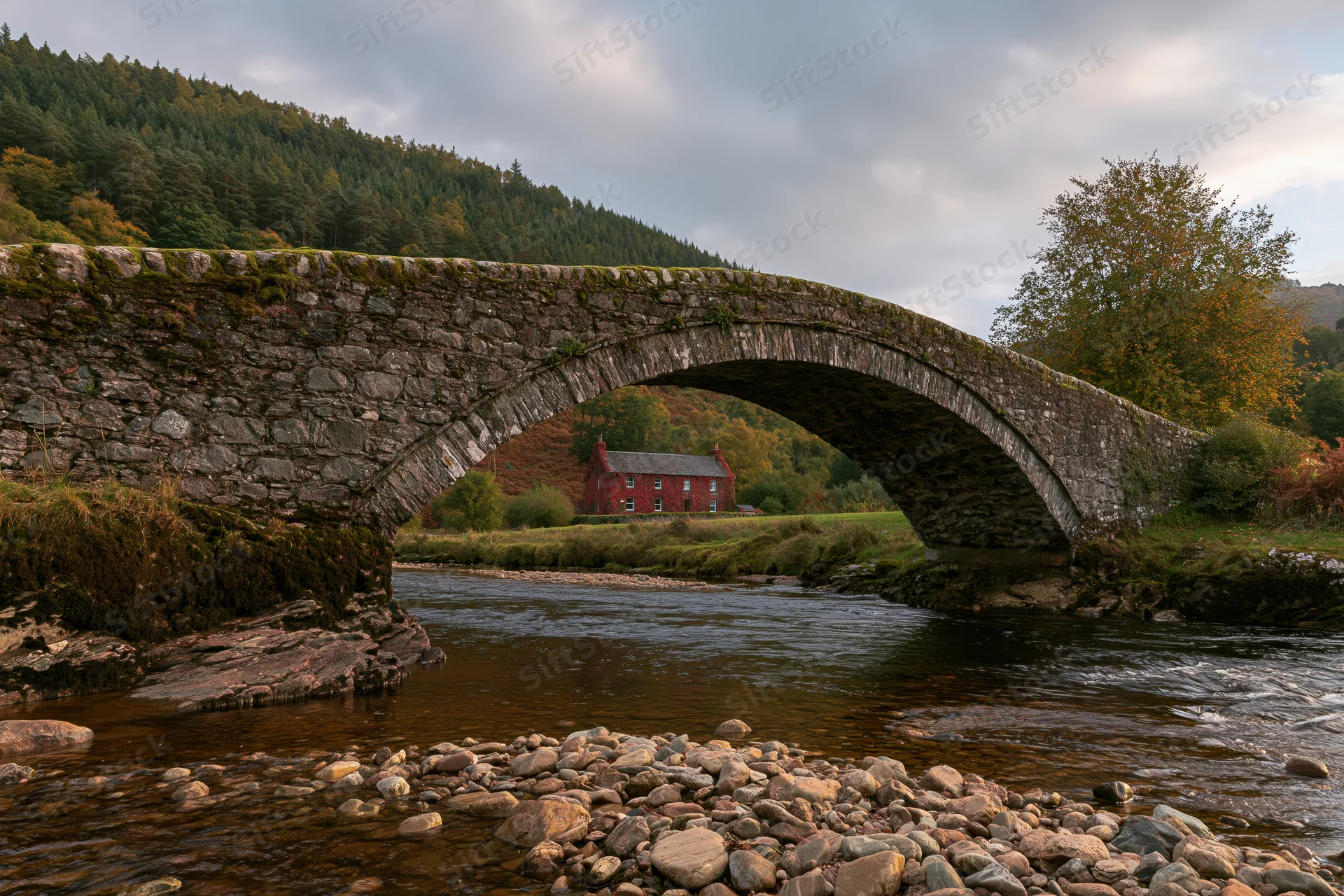 Ancient stone arch bridge spanning a shallow rocky river with a red house in the background surrounded by forest and autumn trees