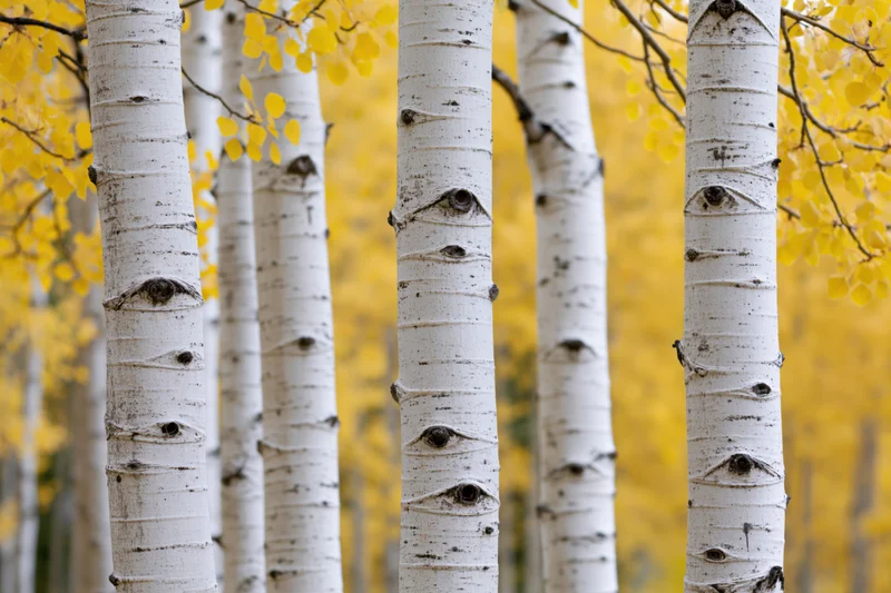 Aspen tree trunks with white bark and dark eye-shaped marks standing in a forest with yellow autumn foliage in the background