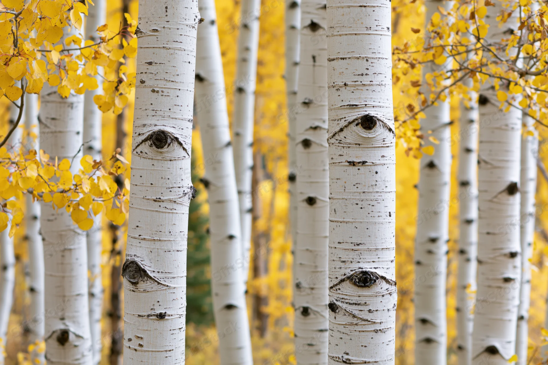 Aspen tree trunks with white bark and dark eye-shaped marks standing in a forest with yellow autumn foliage