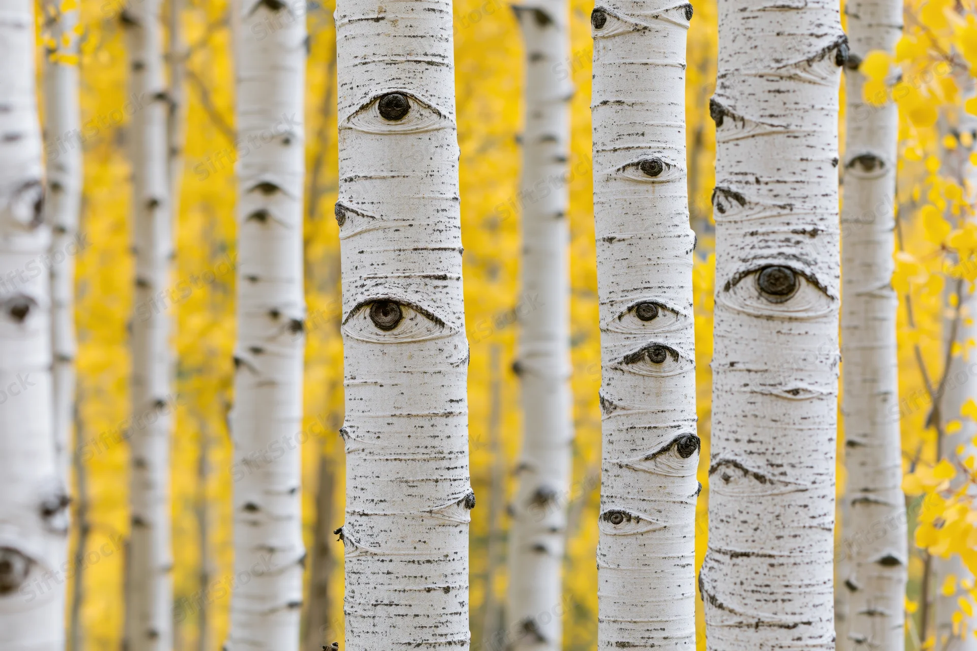 Aspen tree trunks with white bark and dark eye-shaped marks standing in a forest with yellow autumn foliage in the background
