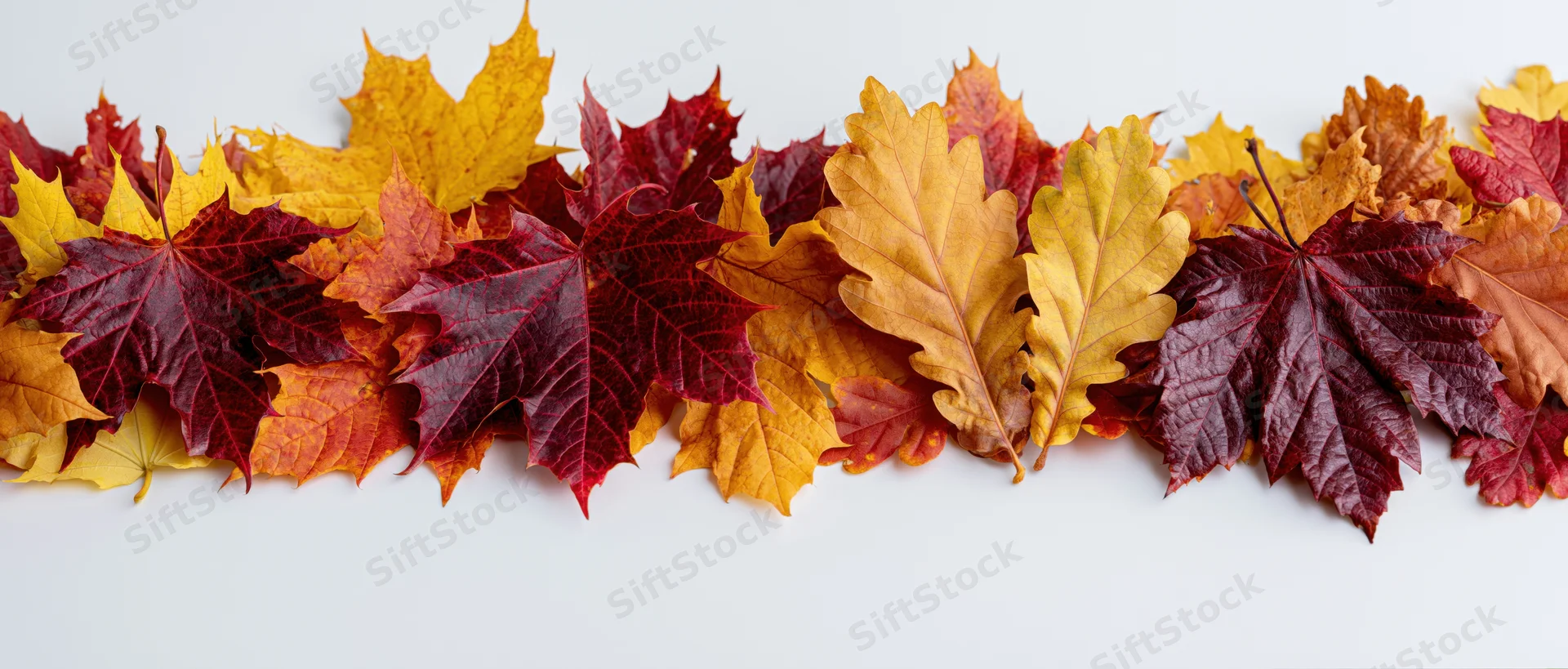 Assorted autumn leaves arranged in a dense horizontal border on white background