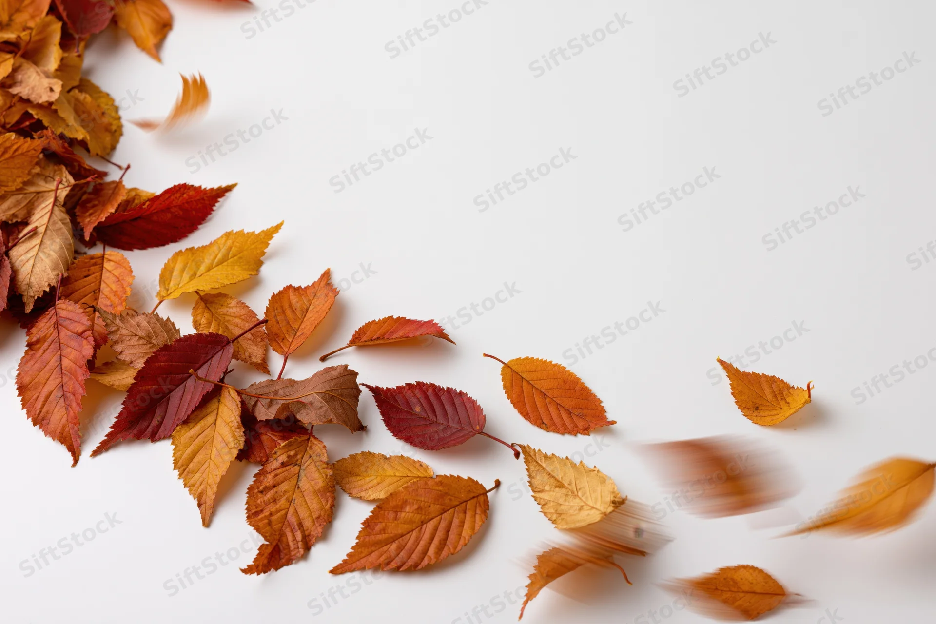 Scattered autumn leaves in motion on white surface with copyspace