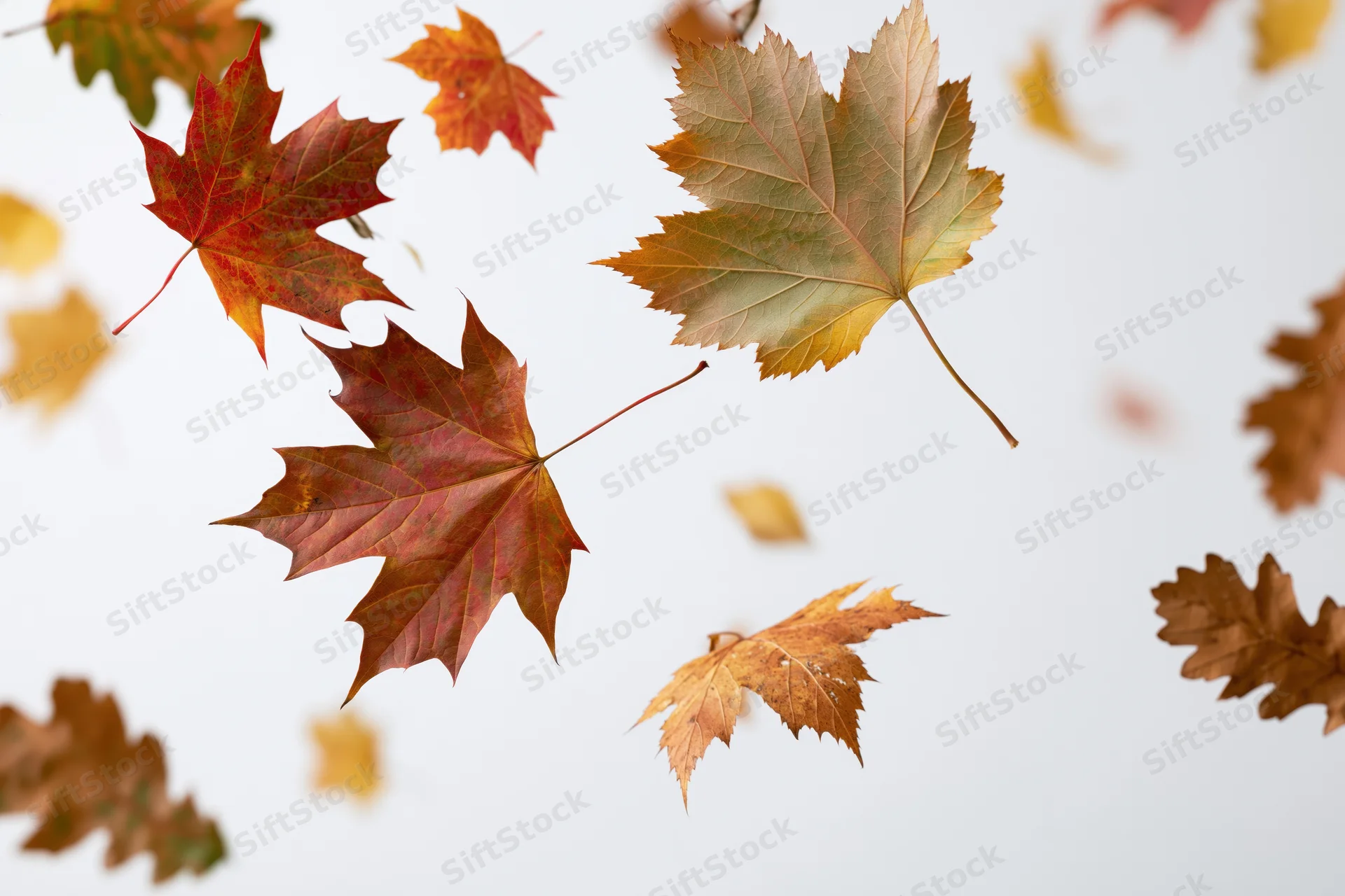 Autumn leaves falling in swirling wind against white background