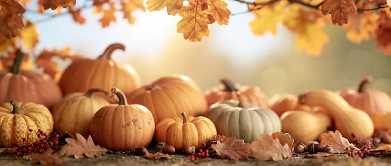 Assorted pumpkins and gourds arranged on a rustic surface under autumn leaves
