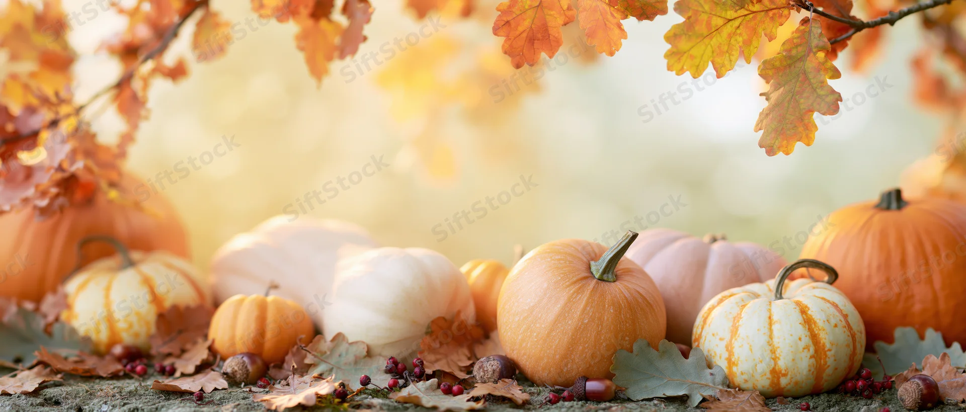 Assorted pumpkins and gourds arranged on a rustic ground with autumn leaves and acorns