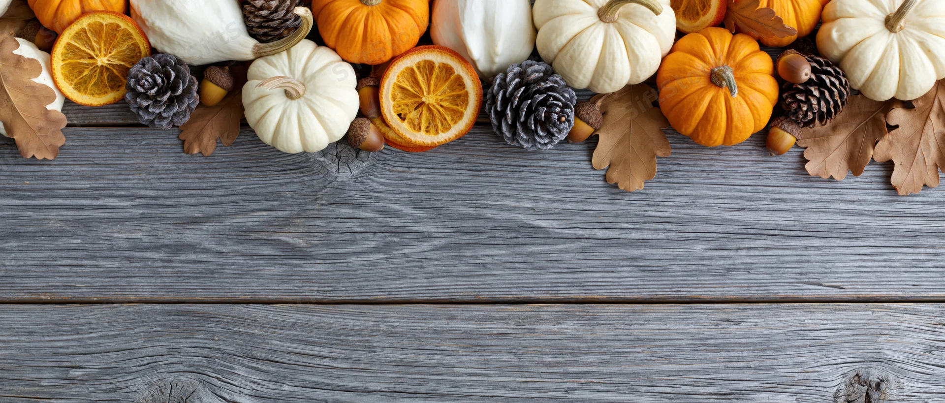 Autumn decorations arranged along top of weathered wooden table with copyspace below