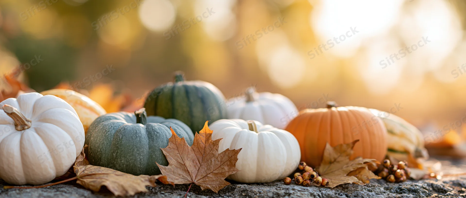Assorted small pumpkins and gourds arranged on a rustic stone surface with autumn leaves and warm sunlight