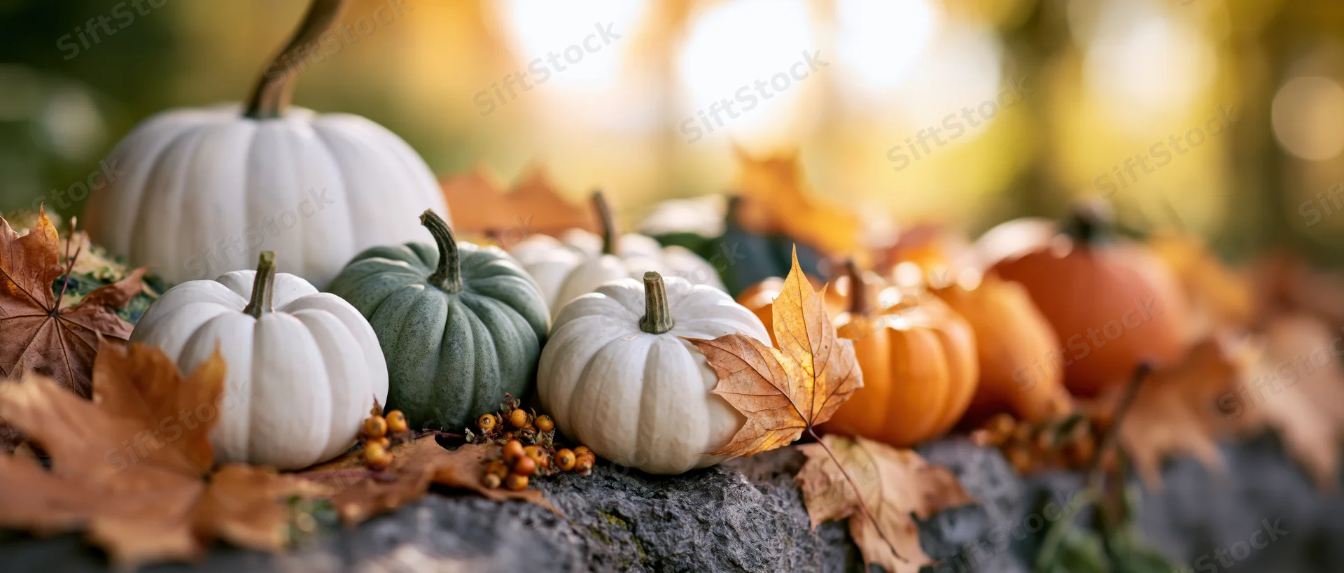 Assorted small pumpkins and gourds arranged on a rustic stone ledge with autumn leaves and berries
