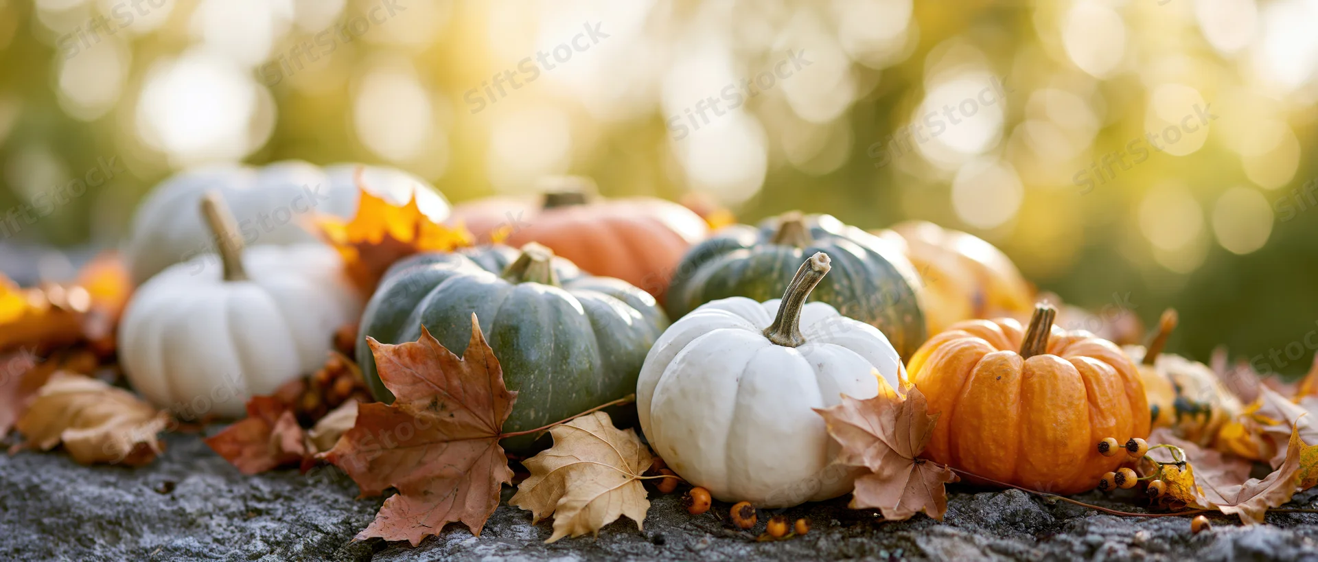 Assorted small pumpkins and gourds arranged on a rustic stone surface with autumn leaves and warm sunlight