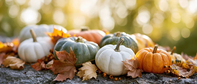 Assorted small pumpkins and gourds arranged on a rustic stone surface with autumn leaves and warm sunlight