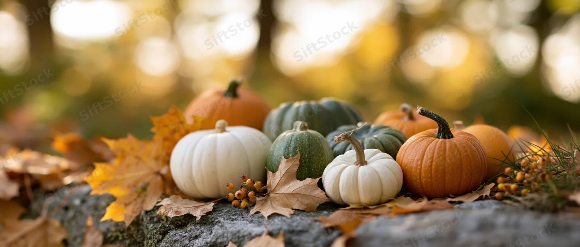 Assorted small pumpkins and gourds arranged on a rustic stone with autumn leaves and warm bokeh background