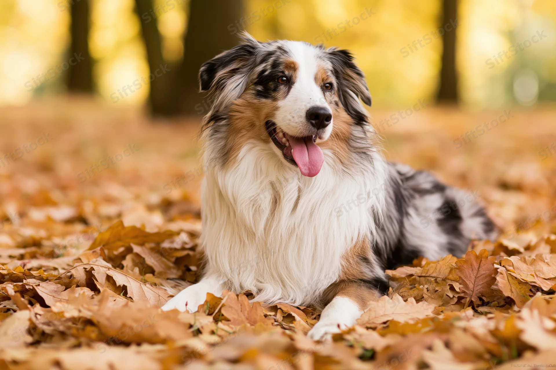 Australian shepherd dog lying in fallen autumn leaves in a forest