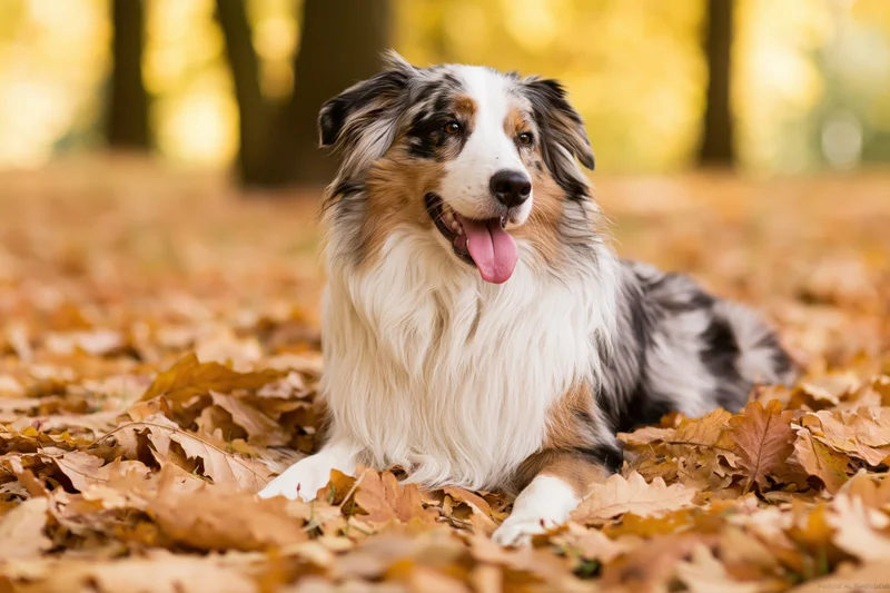 Australian shepherd dog lying in fallen autumn leaves in a forest