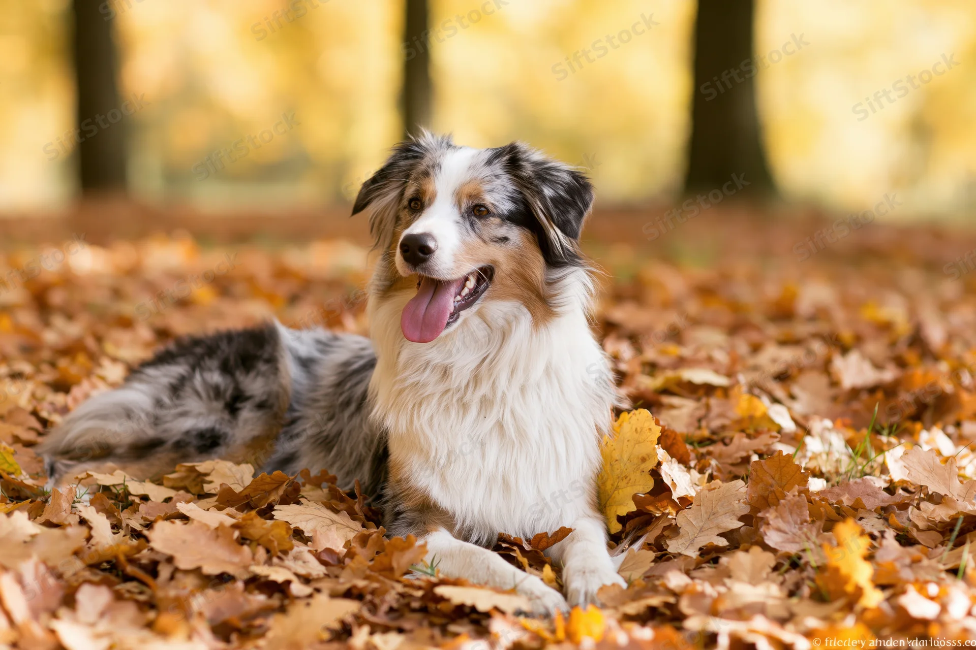 Australian shepherd dog lying in fallen autumn leaves in a forest