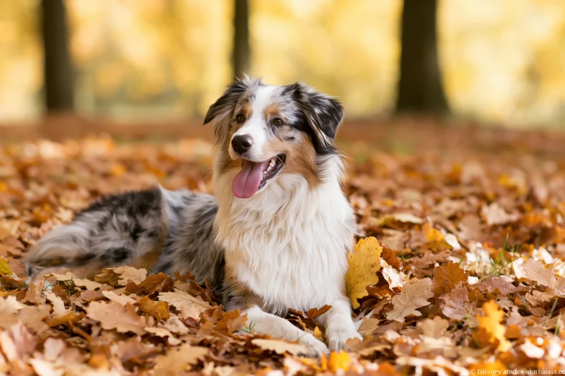 Australian shepherd dog lying in fallen autumn leaves in a forest