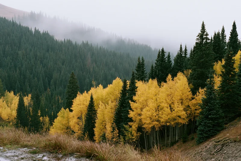 Golden aspen trees in a misty mountain forest during autumn