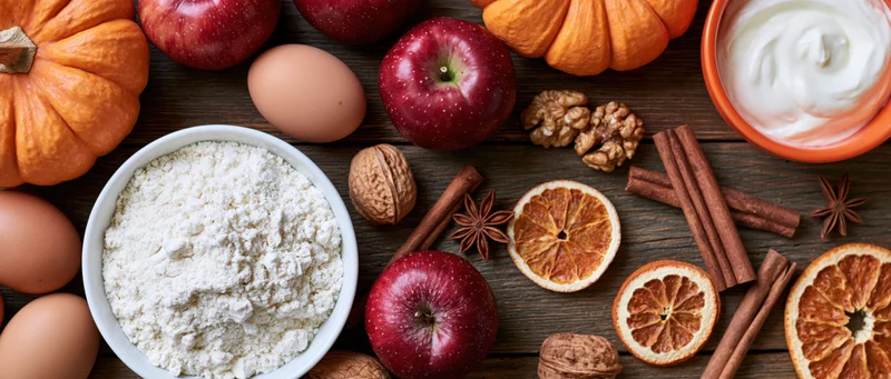 Autumn baking ingredients arranged flat on dark wooden table
