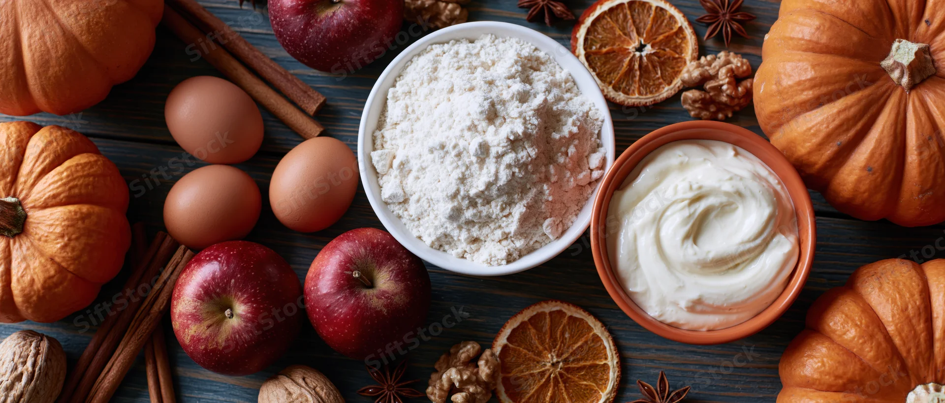 Autumn baking ingredients arranged on dark wooden table in flat lay overhead view