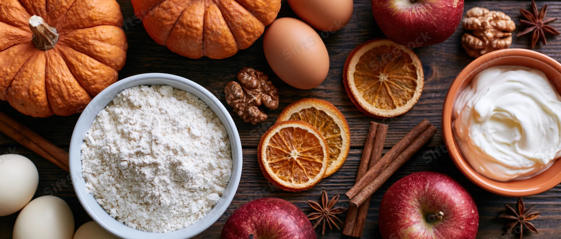 Autumn baking ingredients arranged on dark wooden tabletop in flat lay style