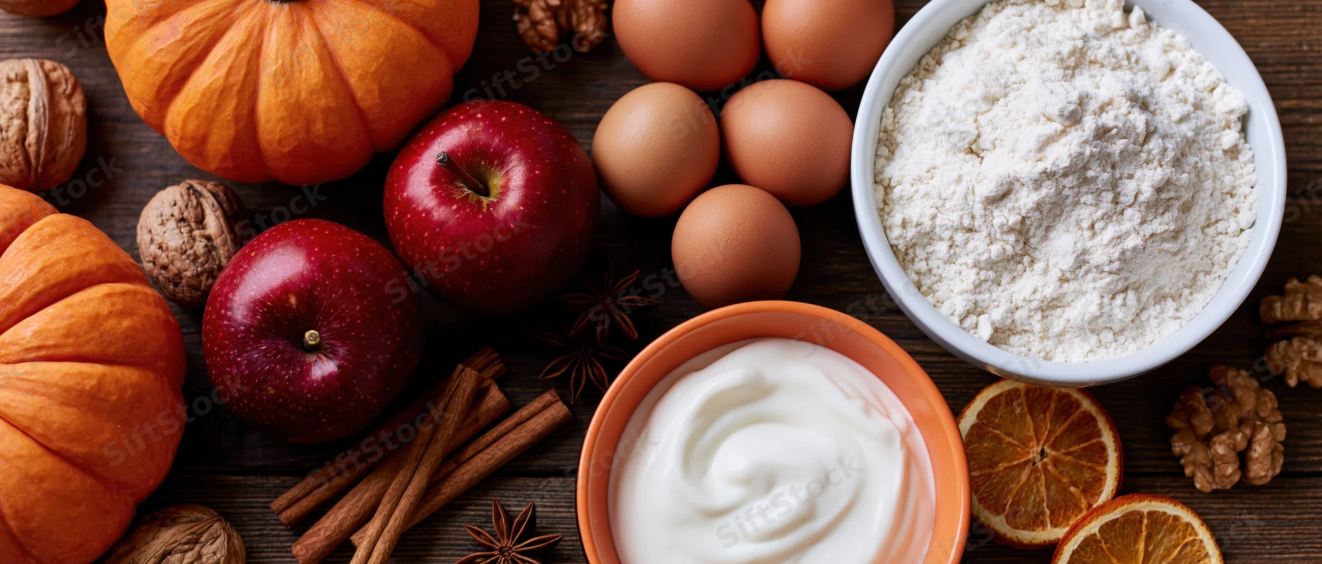 Autumn baking ingredients arranged flat on dark wooden table