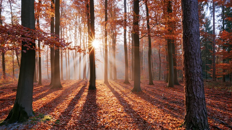 Sunlight breaking through tall beech trees in an autumn forest with fallen leaves covering the ground