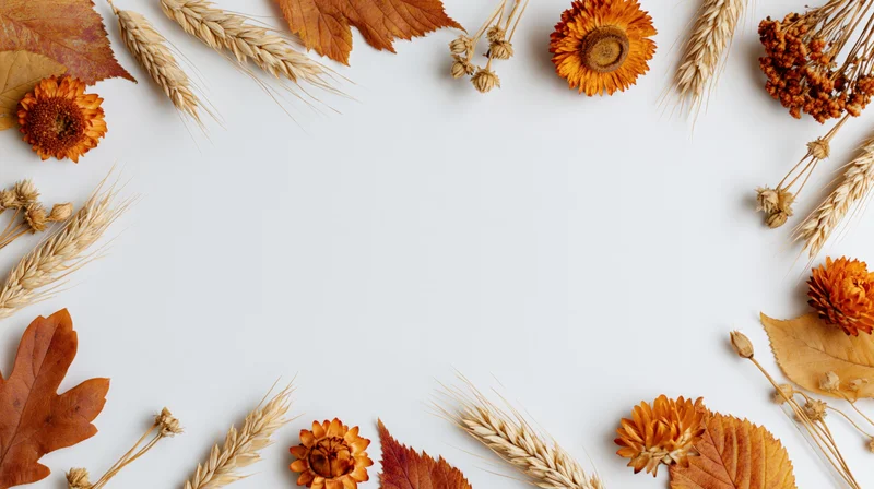 Dried orange flowers and wheat arranged in a border around a white surface with copyspace