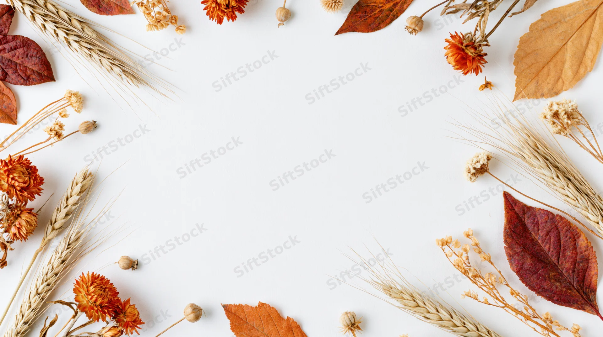 Dried orange flowers and autumn leaves arranged in a flat lay on white background with copyspace