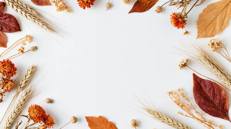 Dried orange flowers and autumn leaves arranged in a flat lay on white background with copyspace