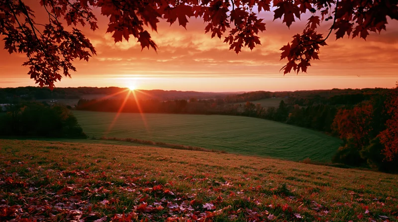 Sunset over autumn countryside fields framed by red maple leaves on a hilltop