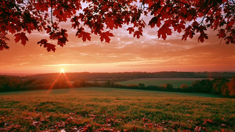 Autumn countryside landscape at sunset with red maple leaves framing the view over fields and hills