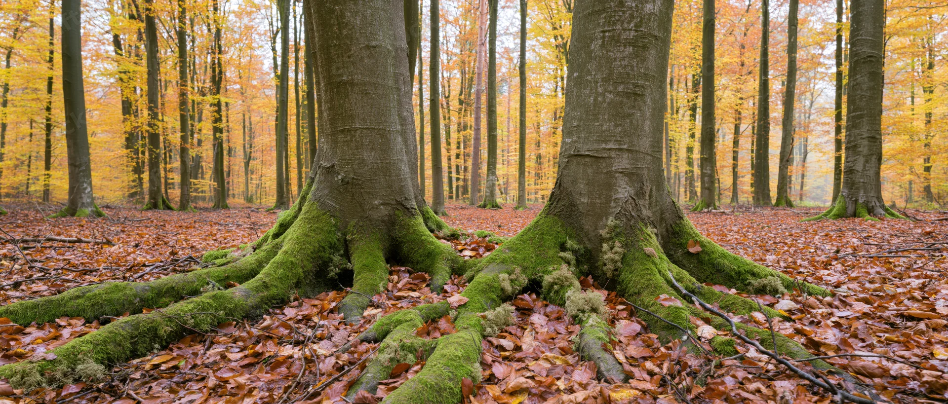 Beech trees with moss-covered roots in an autumn forest with fallen leaves covering the ground