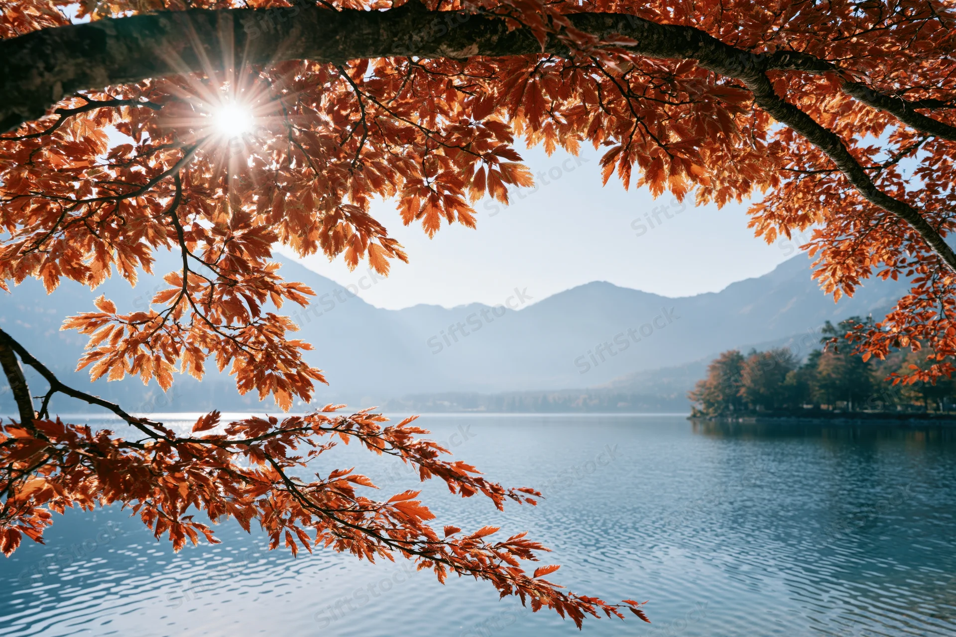 Autumn trees with orange-red leaves framing a lake and mountains in the background