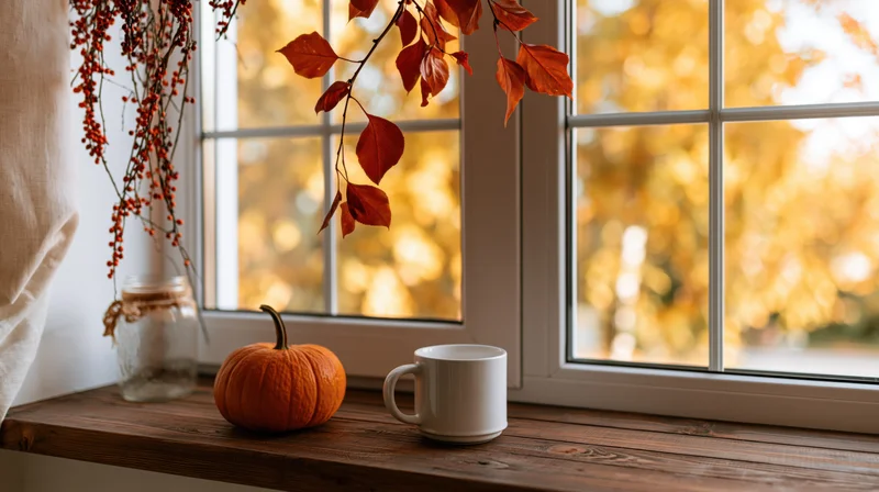 Autumn decorations including a pumpkin and mug on a wooden windowsill by a window with fall foliage outside