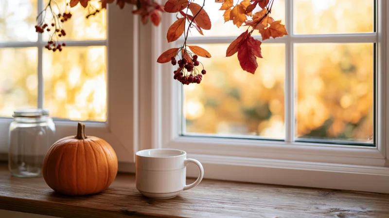 Autumn decorative arrangement on wooden windowsill with pumpkin, mug, and hanging leaves near window