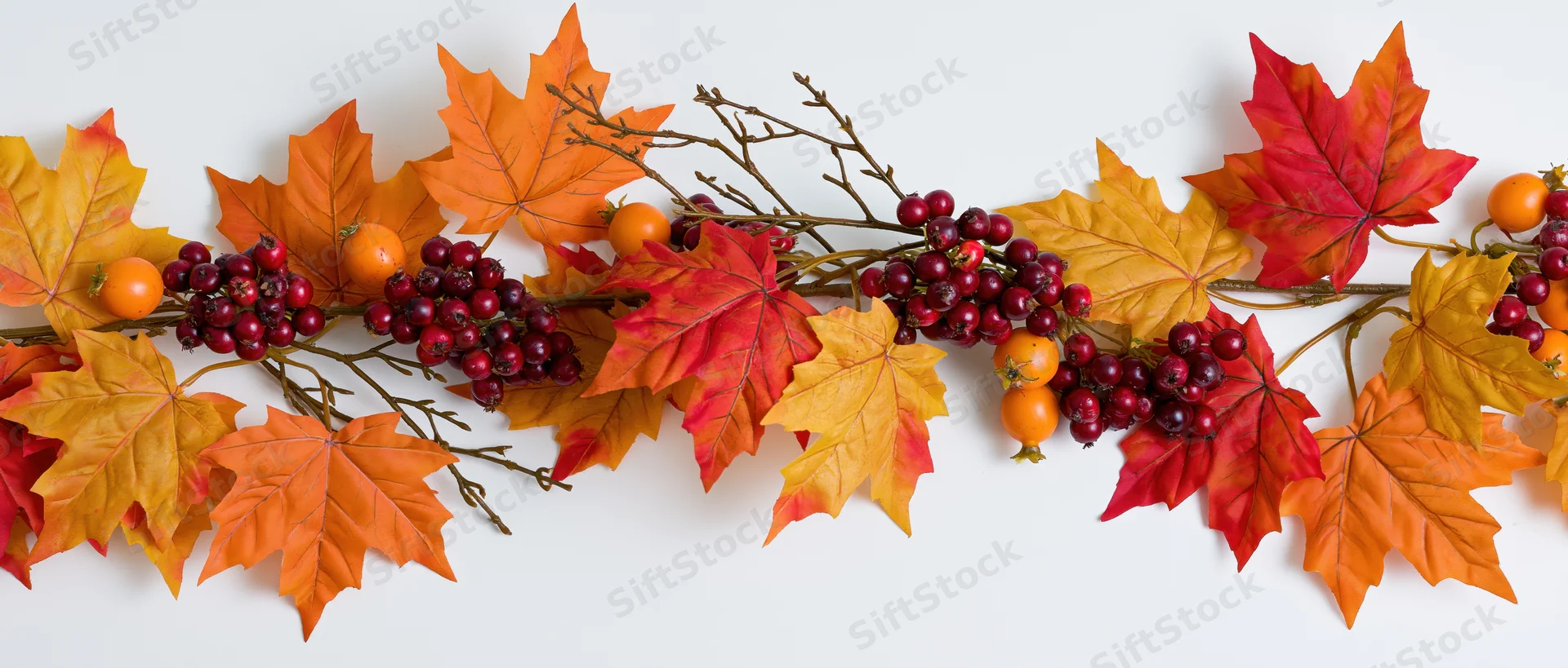 Autumn garland with maple leaves and berries arranged horizontally on white background