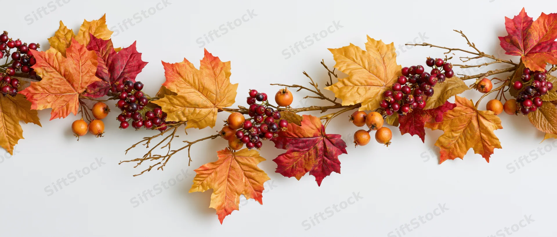 Autumn garland with maple leaves and berries arranged horizontally on white background