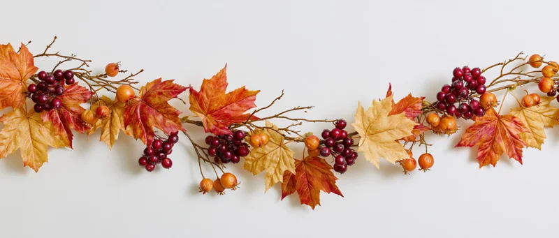 Autumn garland with maple leaves and berries arranged horizontally on white background