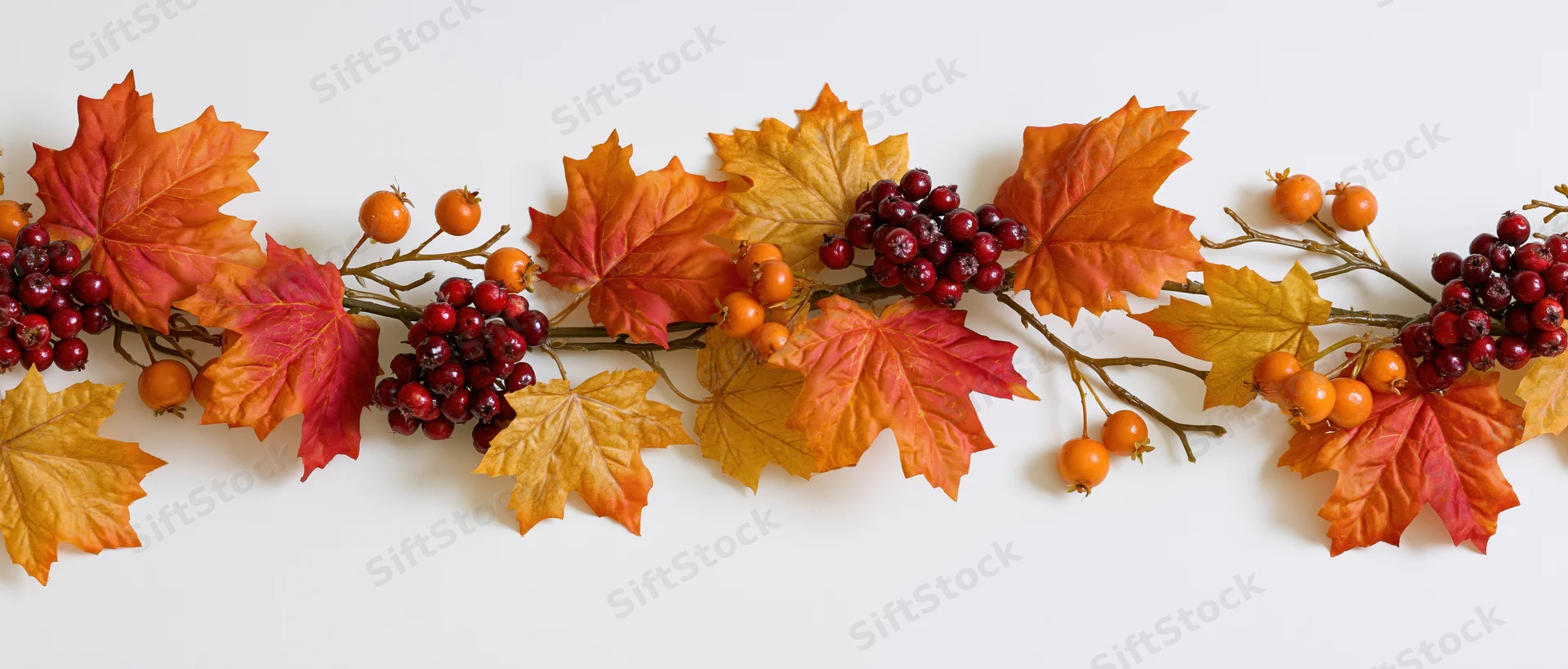 Autumn garland with maple leaves and berries arranged horizontally on white surface