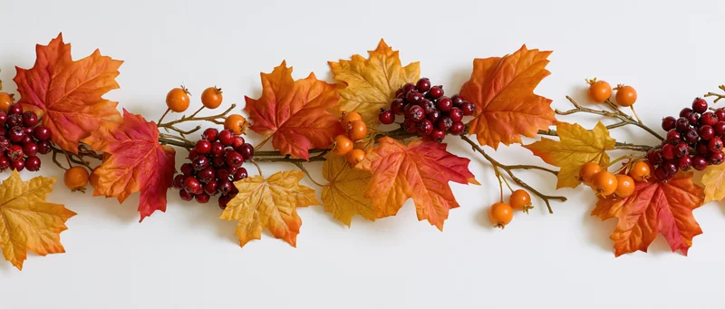 Autumn garland with maple leaves and berries arranged horizontally on white surface