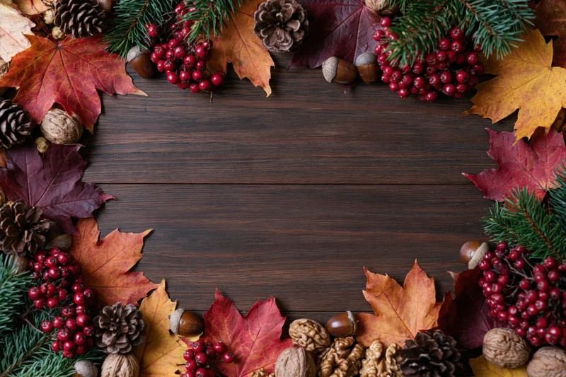 Autumn leaves and pinecones arranged in a border around a dark wooden table with copyspace in center