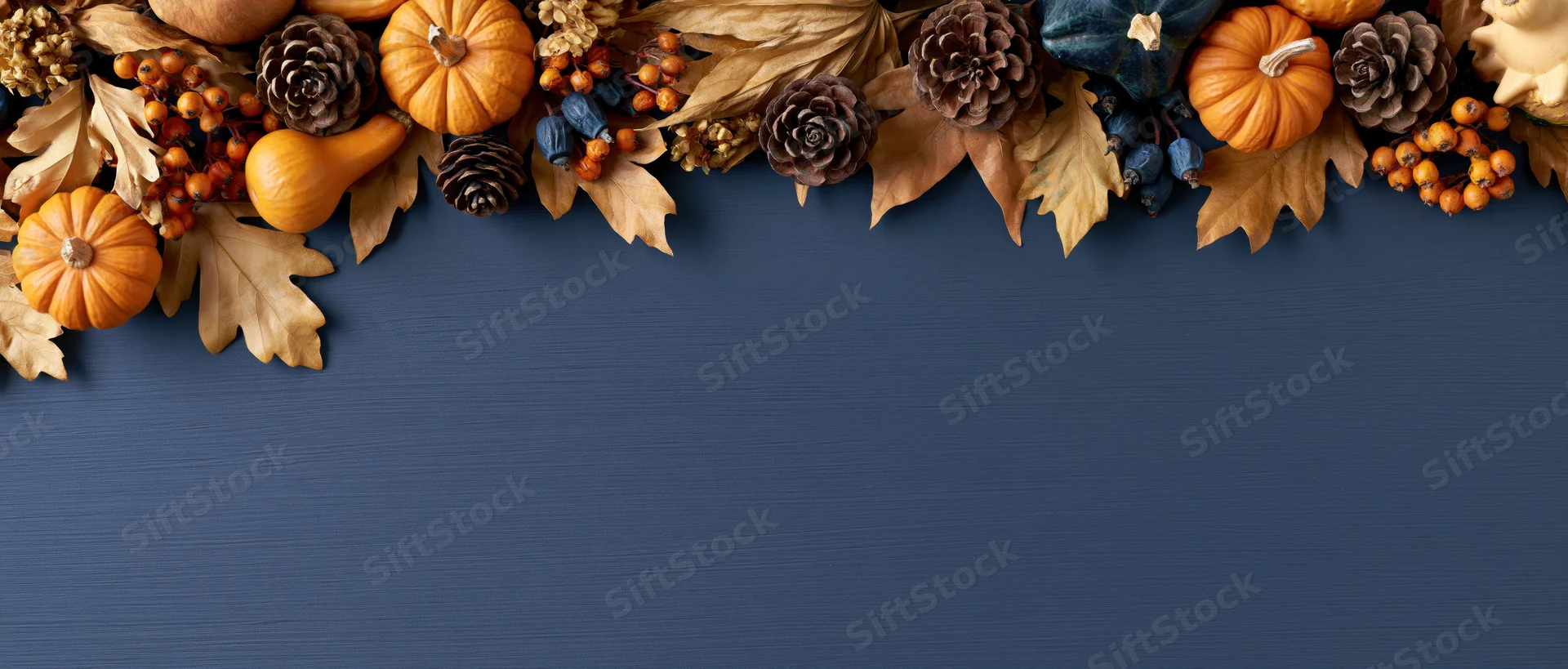 Autumn flat lay arrangement of dried leaves, pumpkins, pinecones, and berries along the top of a blue wooden surface with copyspace below