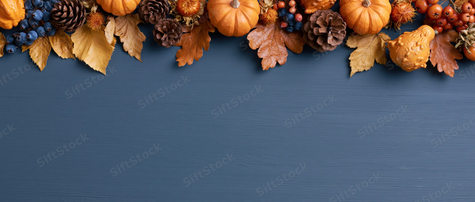 Autumn flat lay arrangement of pumpkins, leaves, pinecones, and berries along the top of a blue wooden surface with copyspace below