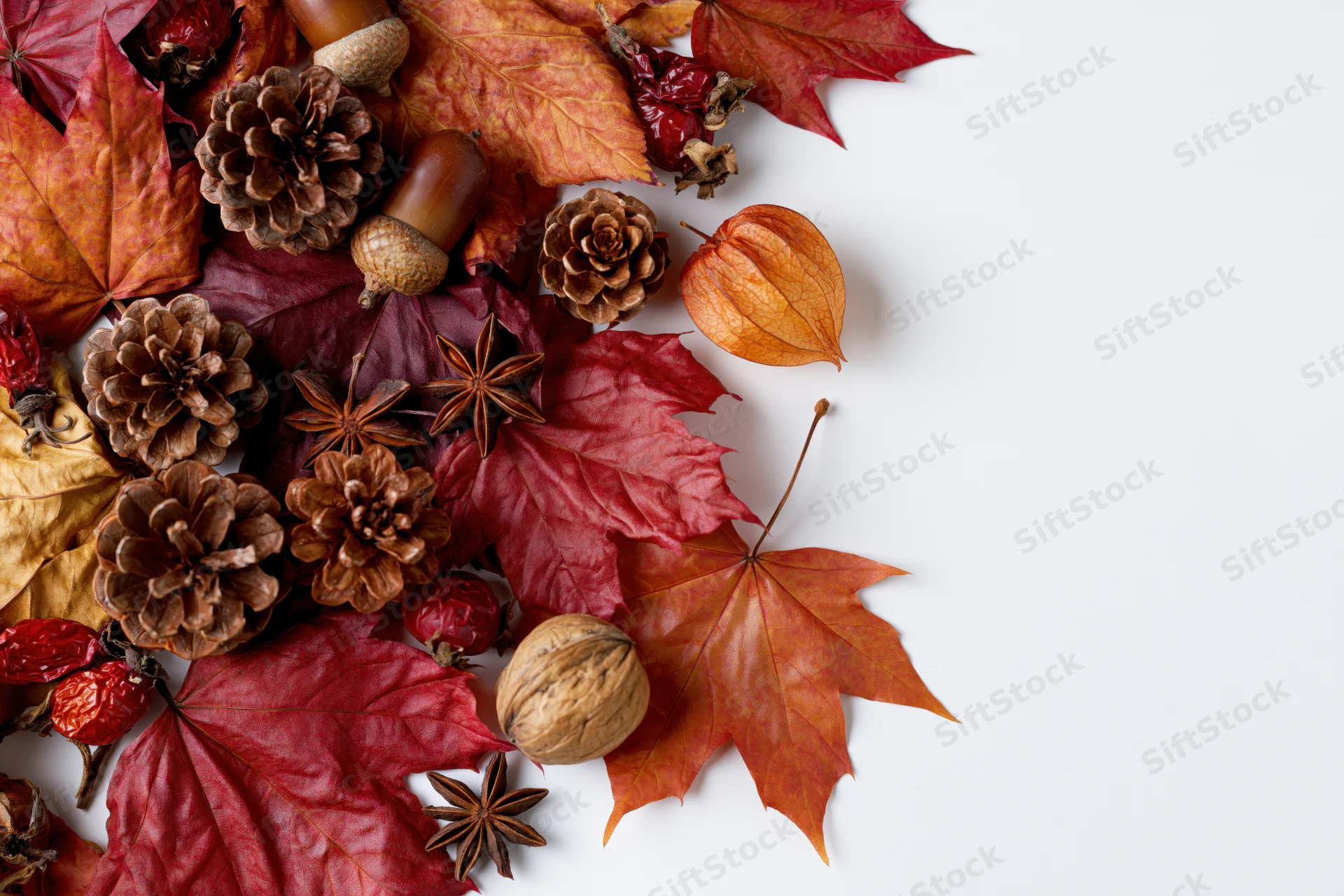 Dried maple leaves and autumnal elements arranged in a flat lay on white background with copyspace