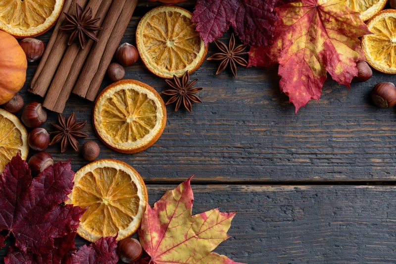 Autumn flat lay with dried orange slices, cinnamon sticks, maple leaves, hazelnuts and star anise arranged on dark wooden surface