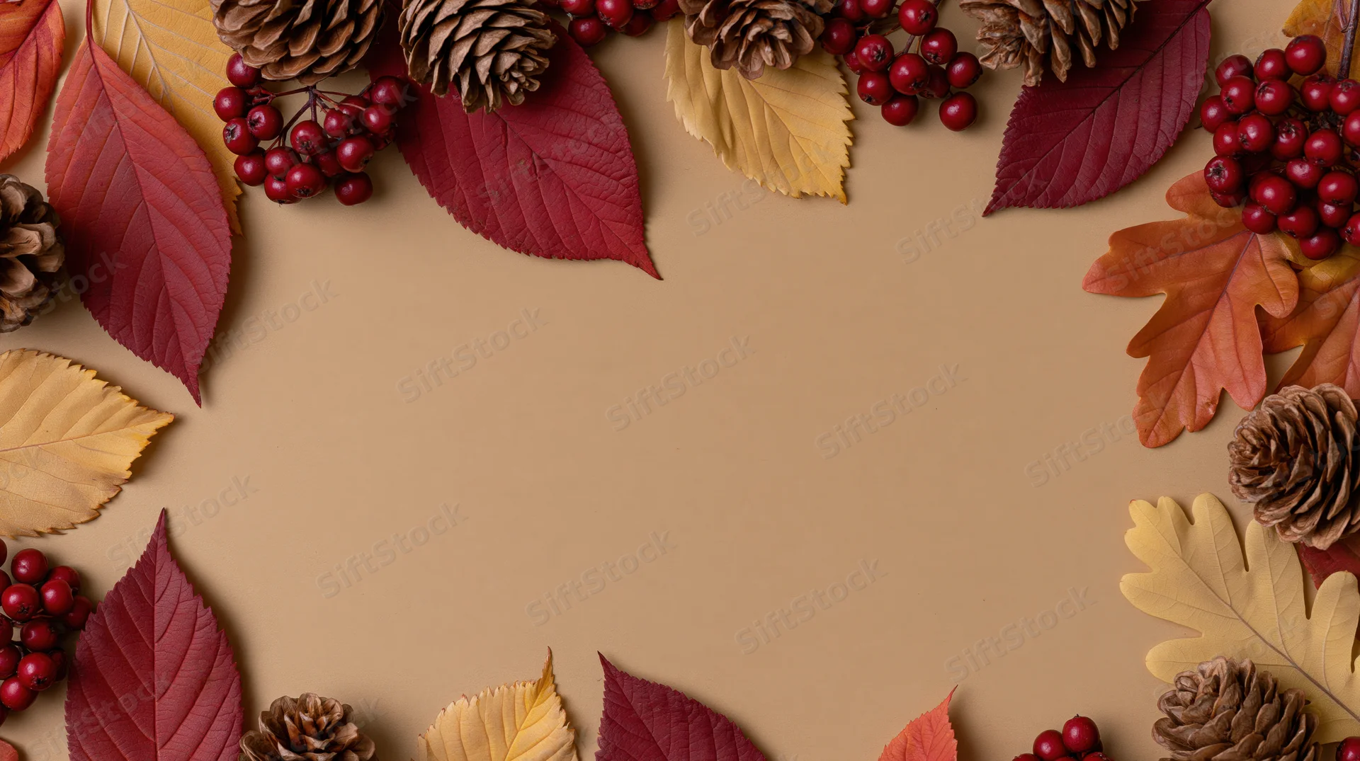 Autumn leaves pinecones and berries arranged in a border around a central copyspace on a warm-toned background