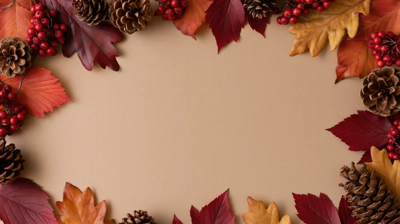 Autumn leaves and pinecones arranged in a border around a beige surface with copyspace