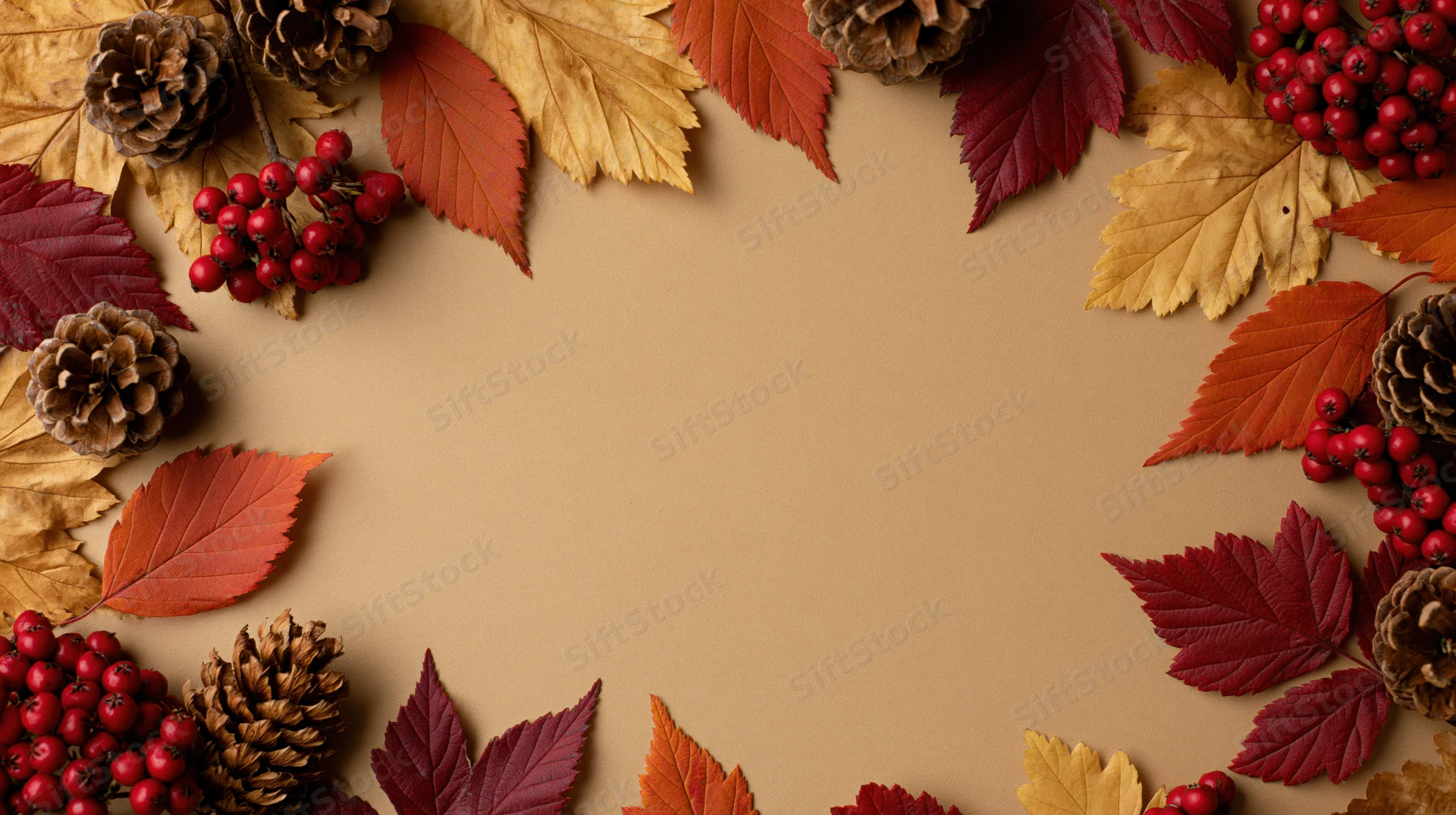 Autumn leaves pinecones and berries arranged in a circular frame on a neutral background with central copyspace